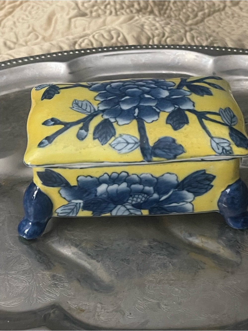 Blue Floral Porcelain Trinket Box in Yellow and Blue